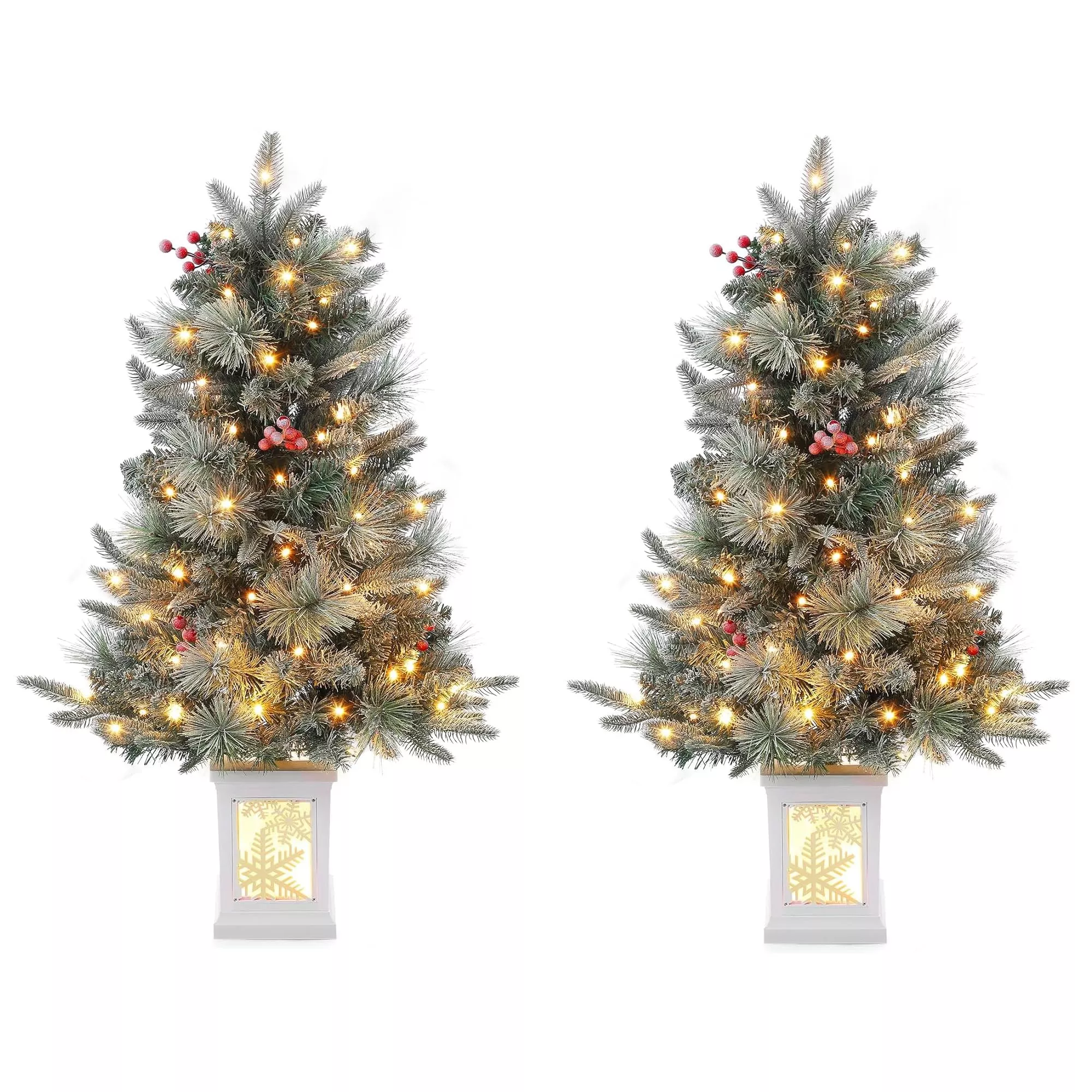 2PCS 3FT Pre-Lit Artificial Christmas TreesTabletop Storage Decor, Flocked Snow, 78 Warm White LED Lights, 8 Lighting Modes, Battery Operated, Berry Clusters for Holiday, System default