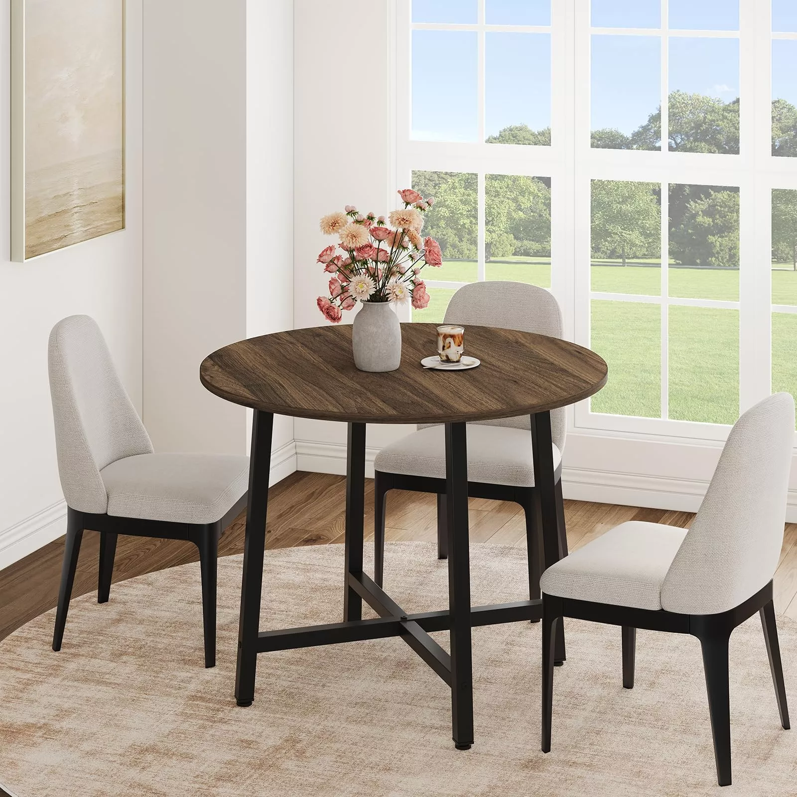 31.5″ Round Dining Table for 4 People, Modern Wood Circle Kitchen Table with Sturdy Industrial Metal Frame, Small Space Saving Dining Room Table for Apartment & Breakfast Nook, (No Chairs), Walnut