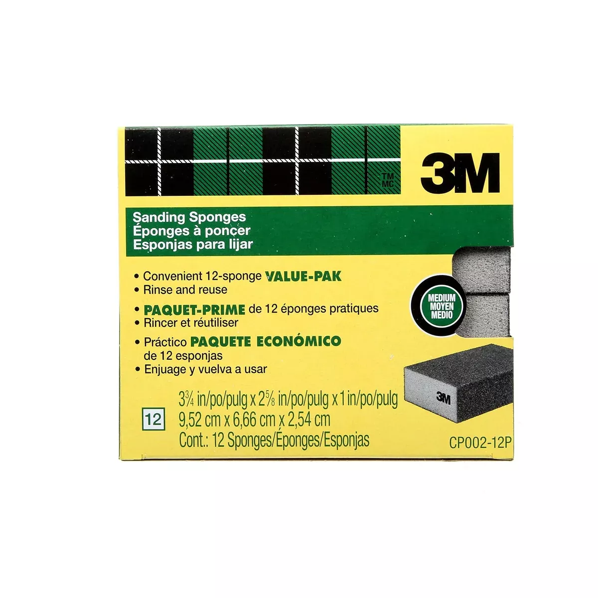 3M Sanding Sponge Block, 12-Pack, Medium Grits, 3-3/4 in x 2-5/8 in, Designed For Sanding Wood, Paint, Metal, Plastic or Drywall, Features 3M Abrasive, Made with Durable Flexible Foam (CP002-12P)
