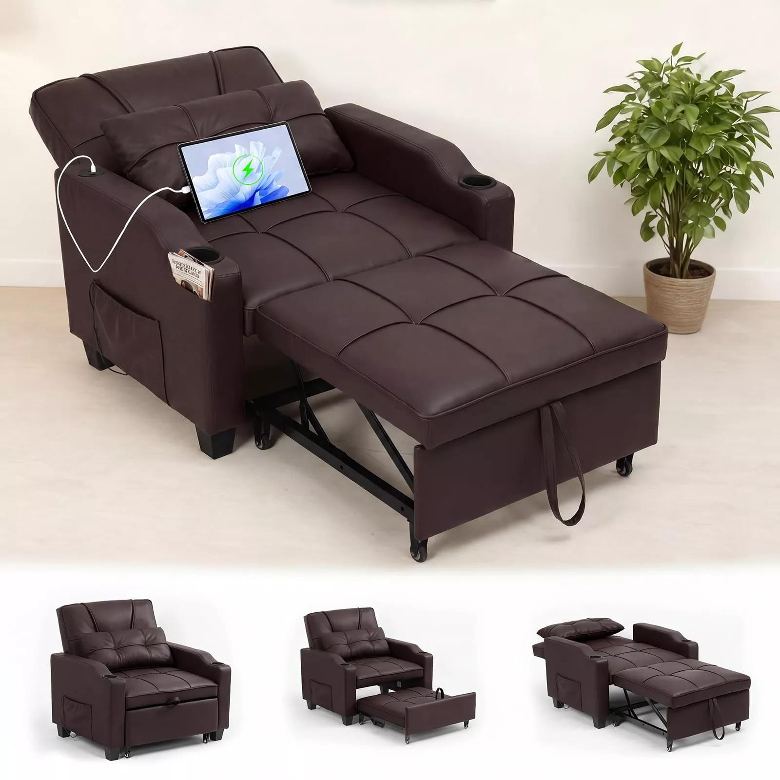 4-in-1 Convertible Sleeper Sofa ChairPull-Out Single Recliner with Vibration Massage Lumbar Pillow, USB/Type-C Ports, Cup Holders, Side PocketIdeal for Small Spaces, Vintage Brown