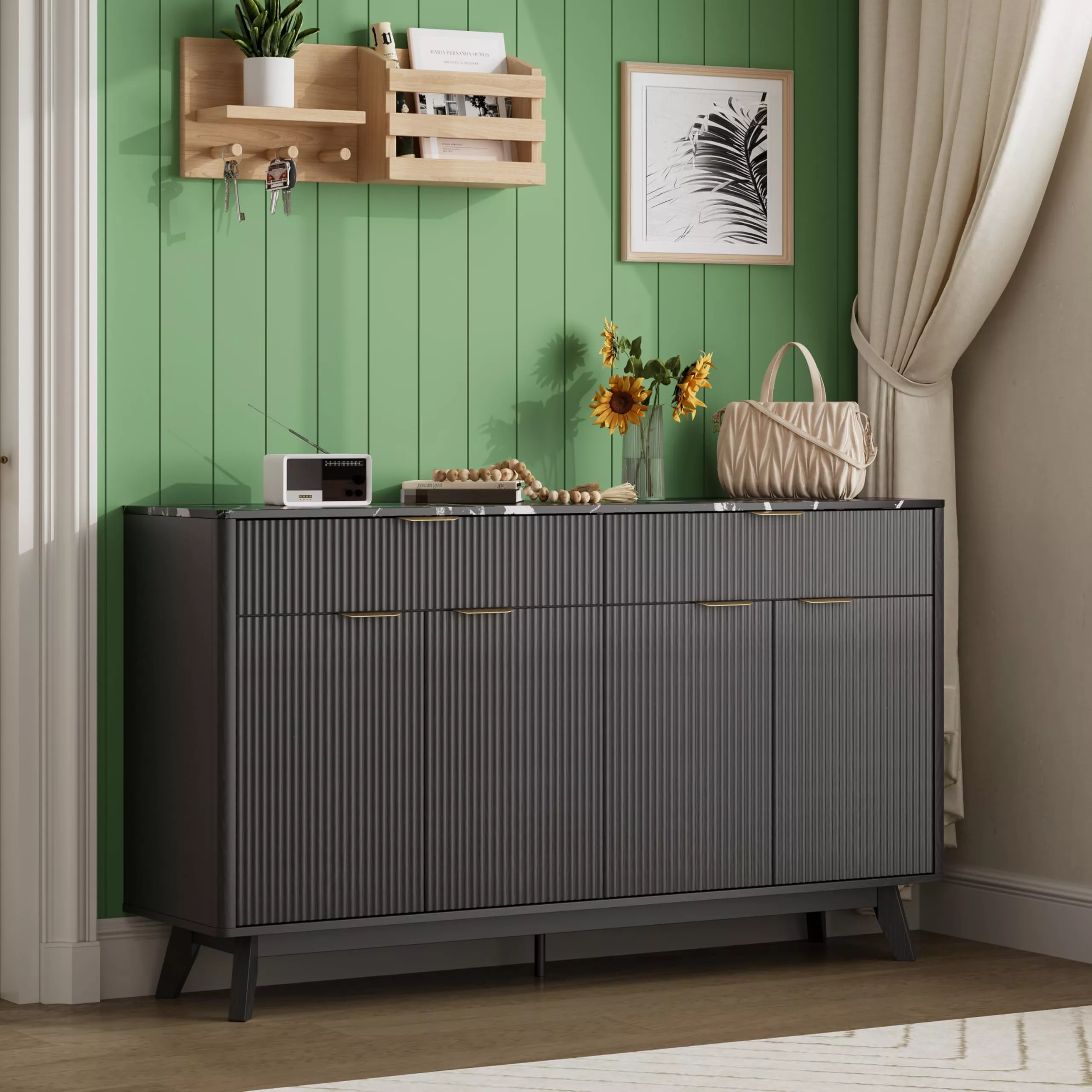 60” Sideboard Buffet Cabinet With 2 Drawers & 4 Doors, Adjustable Shelves, Large Storage, Wood, Multi-Use, White