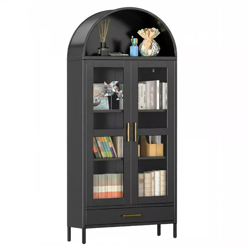 73″ Tall Arched Pantry Cabinet with 2 Adjustable Shelves & Drawers, Modern Farmhouse Arched Bookcase with Glass Door, Freestanding Display Cabinet for Living Room, Home Office, Black