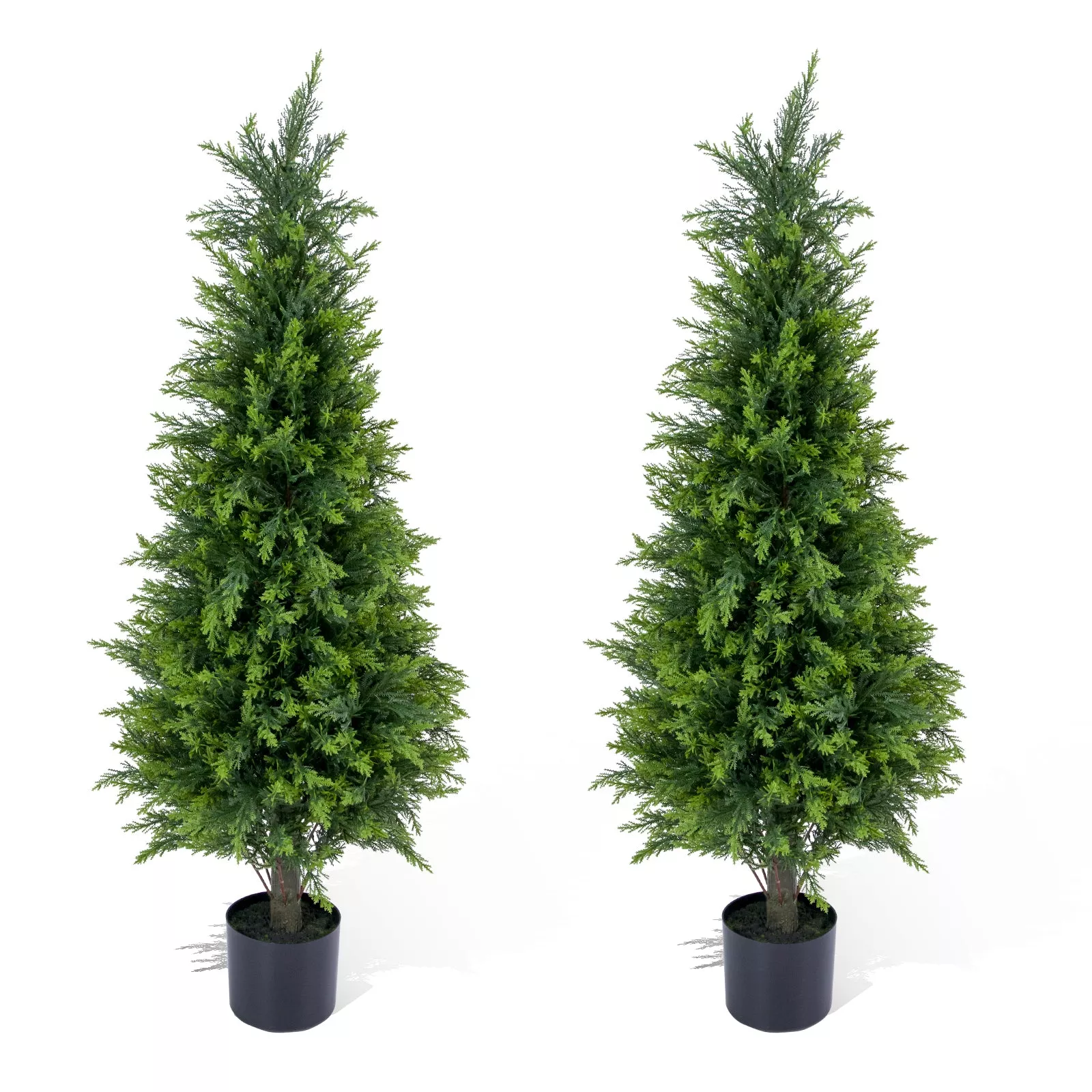 Artificial Cedar Topiary Trees Set of 2, 4FT Faux Pine Shrubs for Indoor Outdoor Decor, Black Pot, Realistic Green