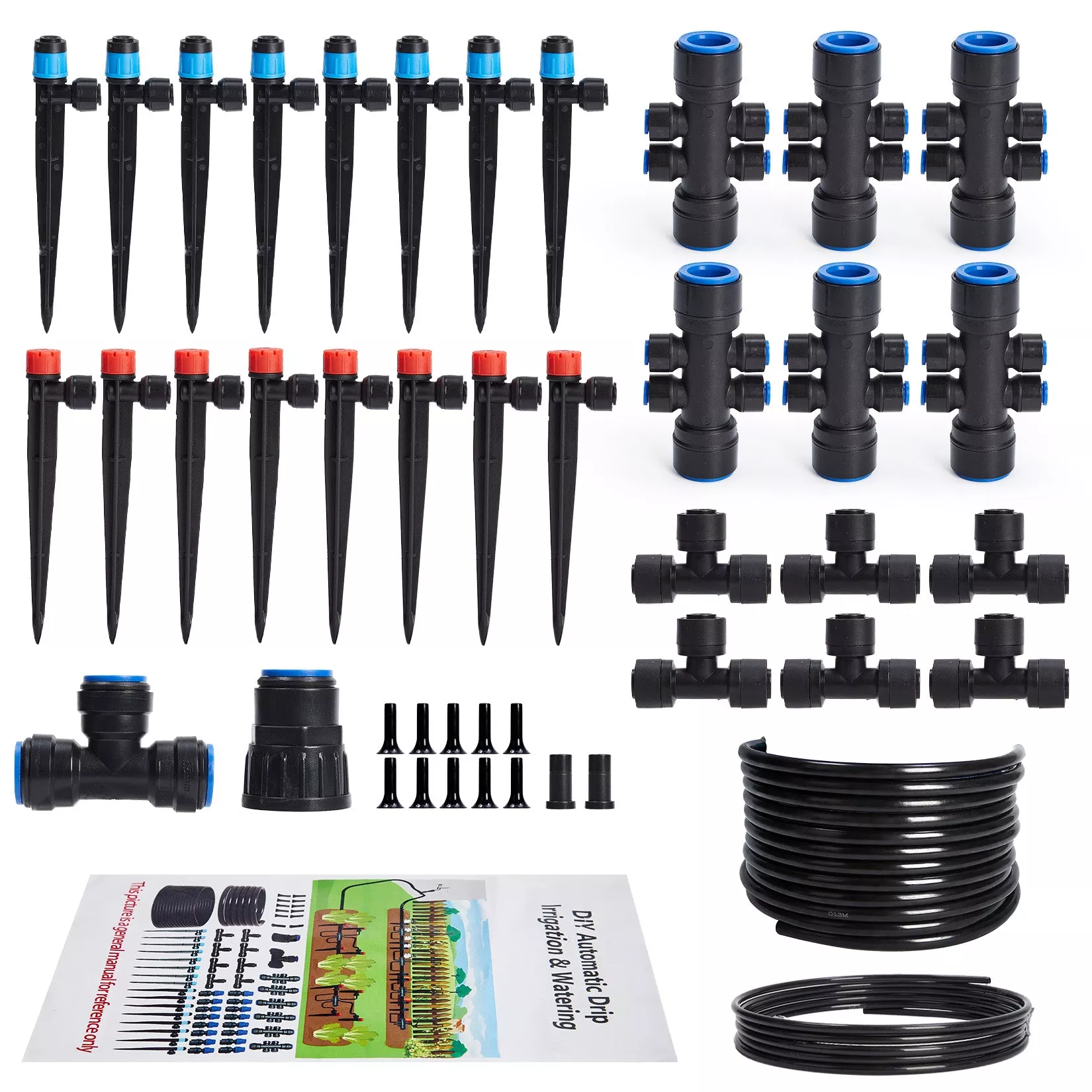 Automatic Drip Irrigation System Kit – 1/2″ & 1/4″ Tubing (33ft/200ft) – Adjustable POM Nozzles – Easy DIY Watering for Garden, Lawn, Greenhouse, Potted Plants – Black