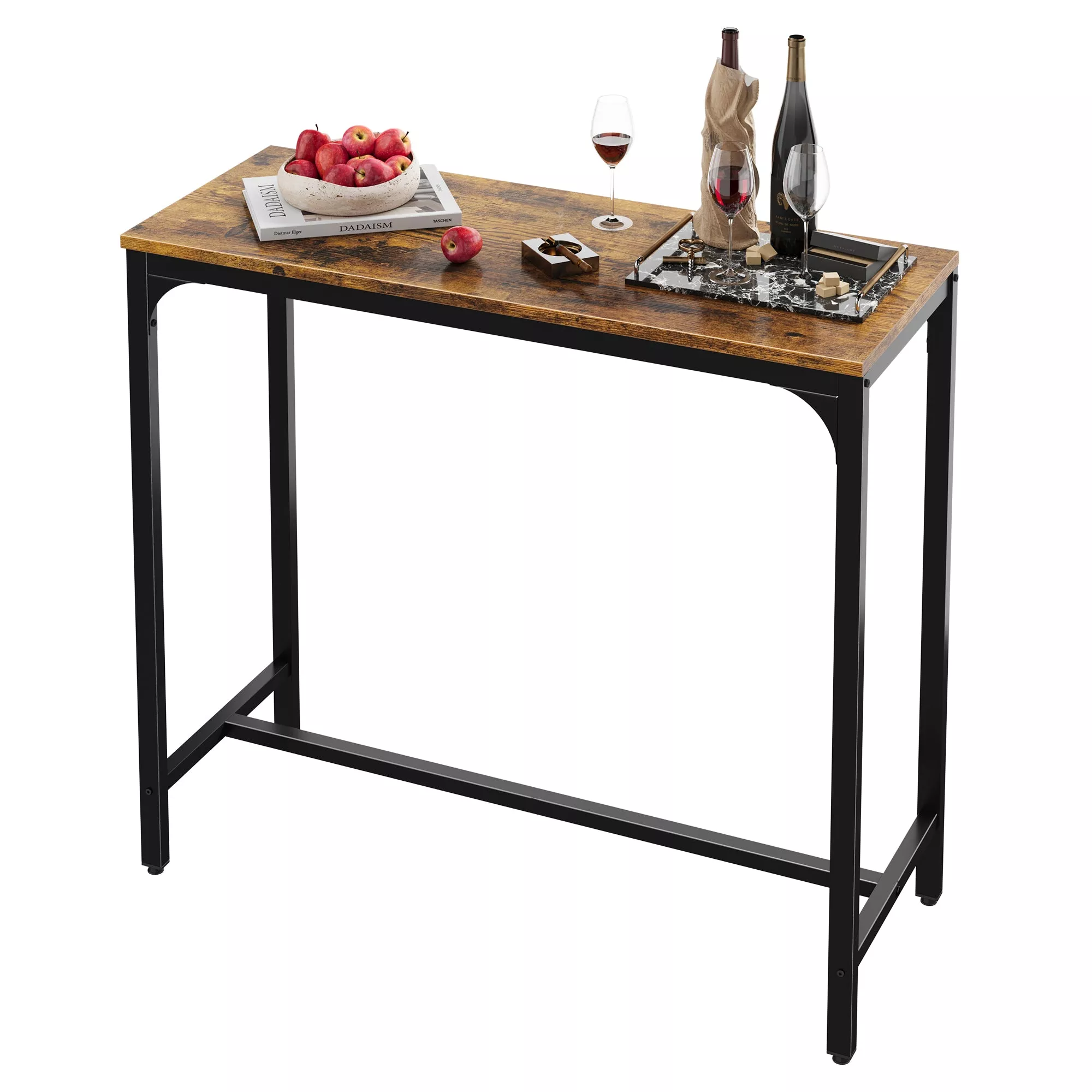 Bar Table Narrow Long Kitchen Dining Table Sturdy Metal Frame Industrial, Rustic Brown