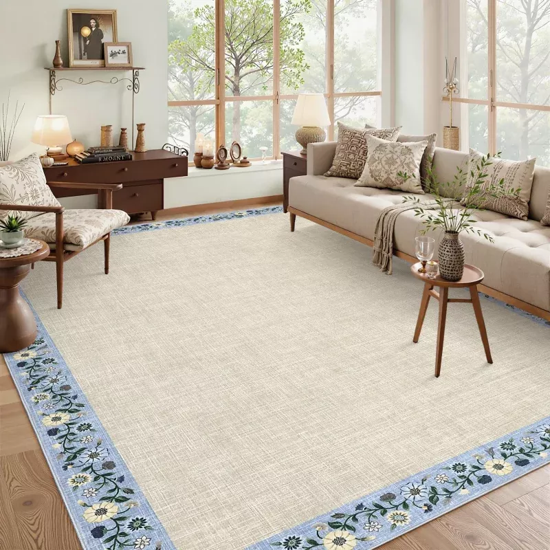Bordered Beige 10×13 Machine Washable Floral Area Rug Low Pile Soft Faux Wool TPR Backing Non-Slip Lightweight Foldable for Living Room Bedroom
