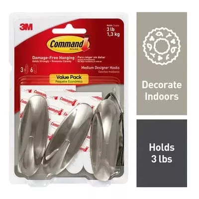 Command™ Medium Designer Hook, Brushed Nickel 3 Pack 6 Pack