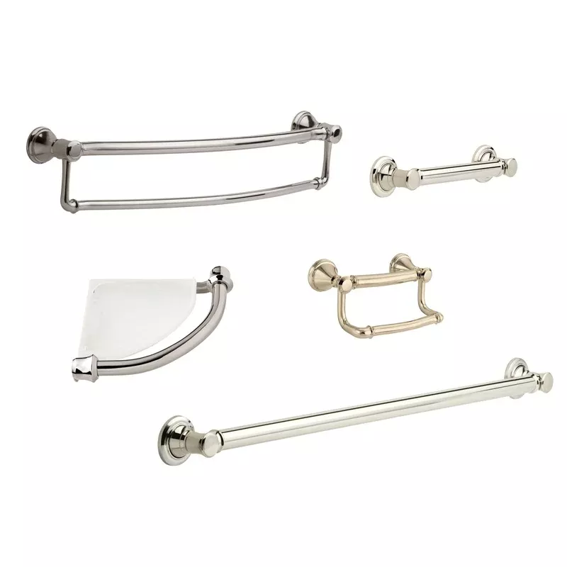 Delta Bath Safety Polished Nickel DELUXE Bathroom Accessory Set Includes: 12″ and 36″ Grab Bar, Corner Shelf, Paper Holder, 24″ Double Bar D10125AP