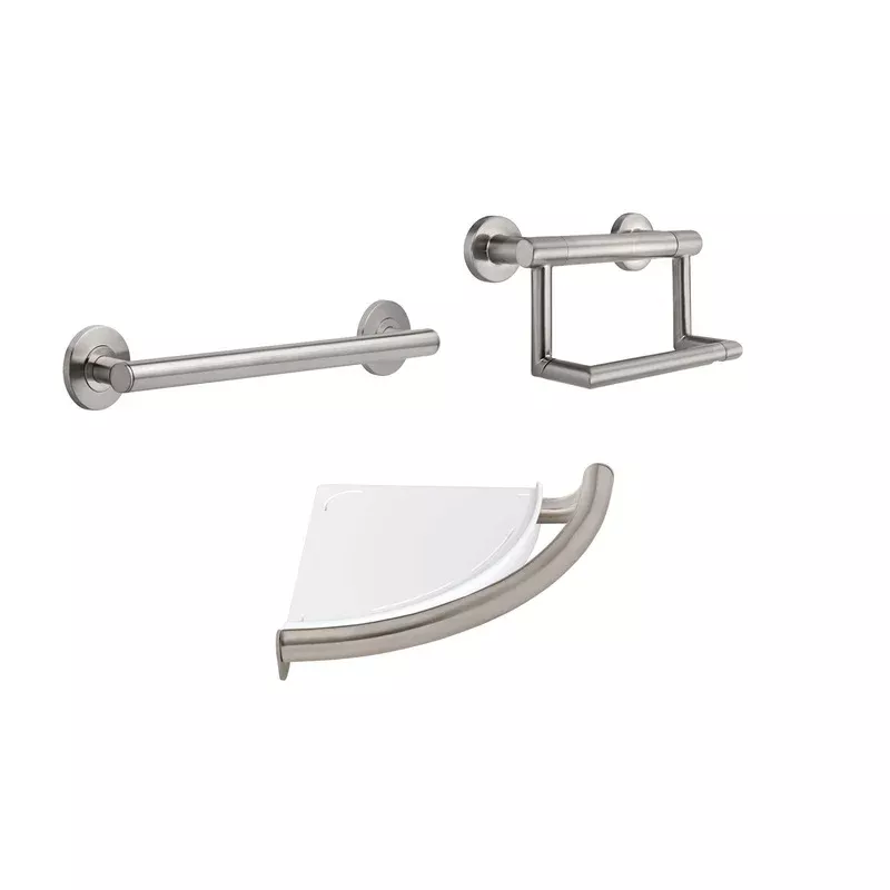 Delta Bath Safety Stainless Steel Finish BASICS Accessory Set Includes: 18″ Grab Bar, Corner Shower Shelf, TP Holder with Assist Grab Bar D10112AP