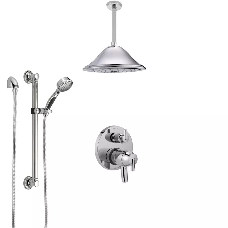 Delta Trinsic Chrome Shower System with Dual Control Handle, Integrated Diverter, Ceiling Mount Showerhead, 3 Body Sprays, and Hand Shower SS279598