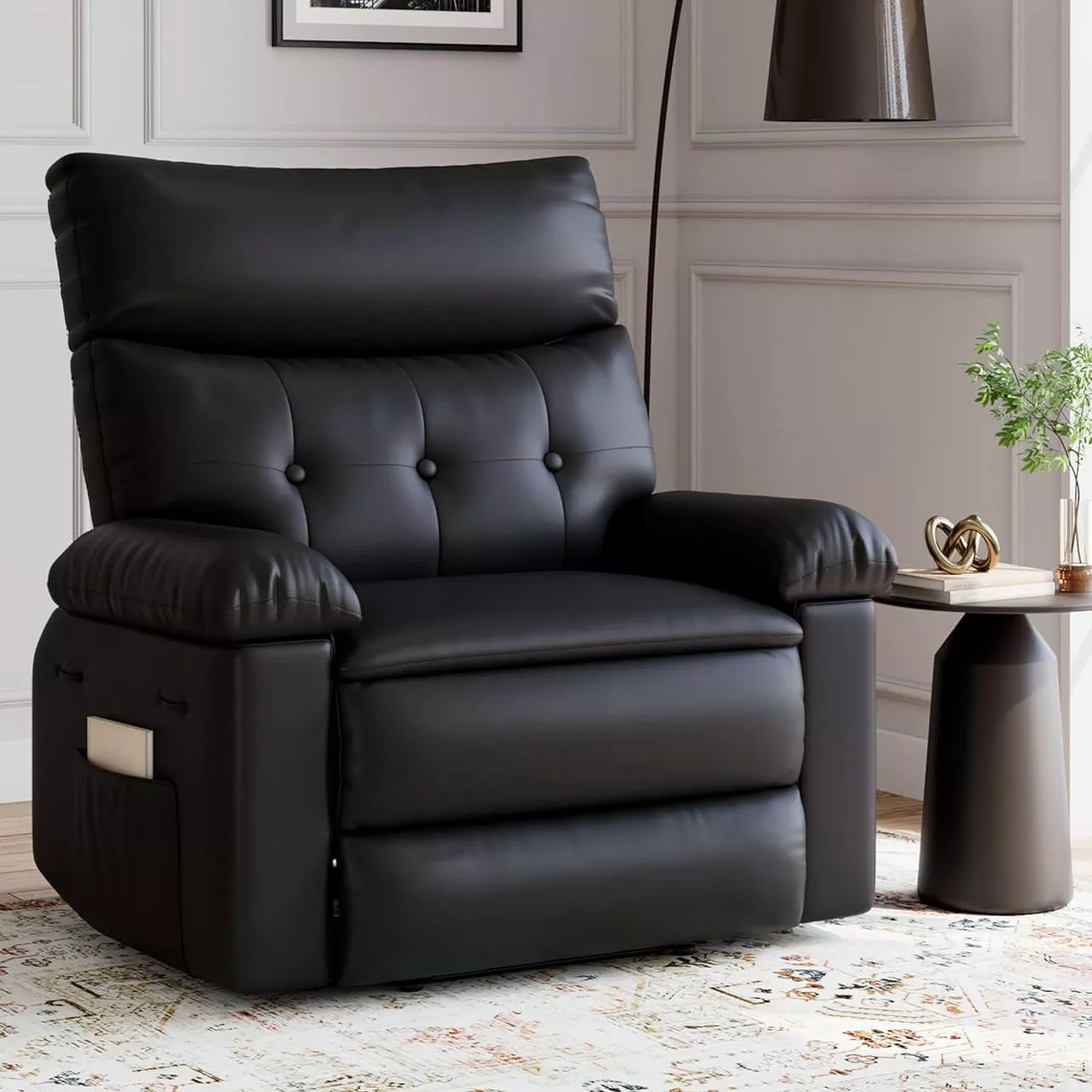 Extra Wide Comfort Recliner Chair for Adults – Oversized Black Leather Manual Sofa – 1.5X Thick Sponge Cushions, Comfortable Armchair – Living Room, Bedroom, Nursing Room – Black