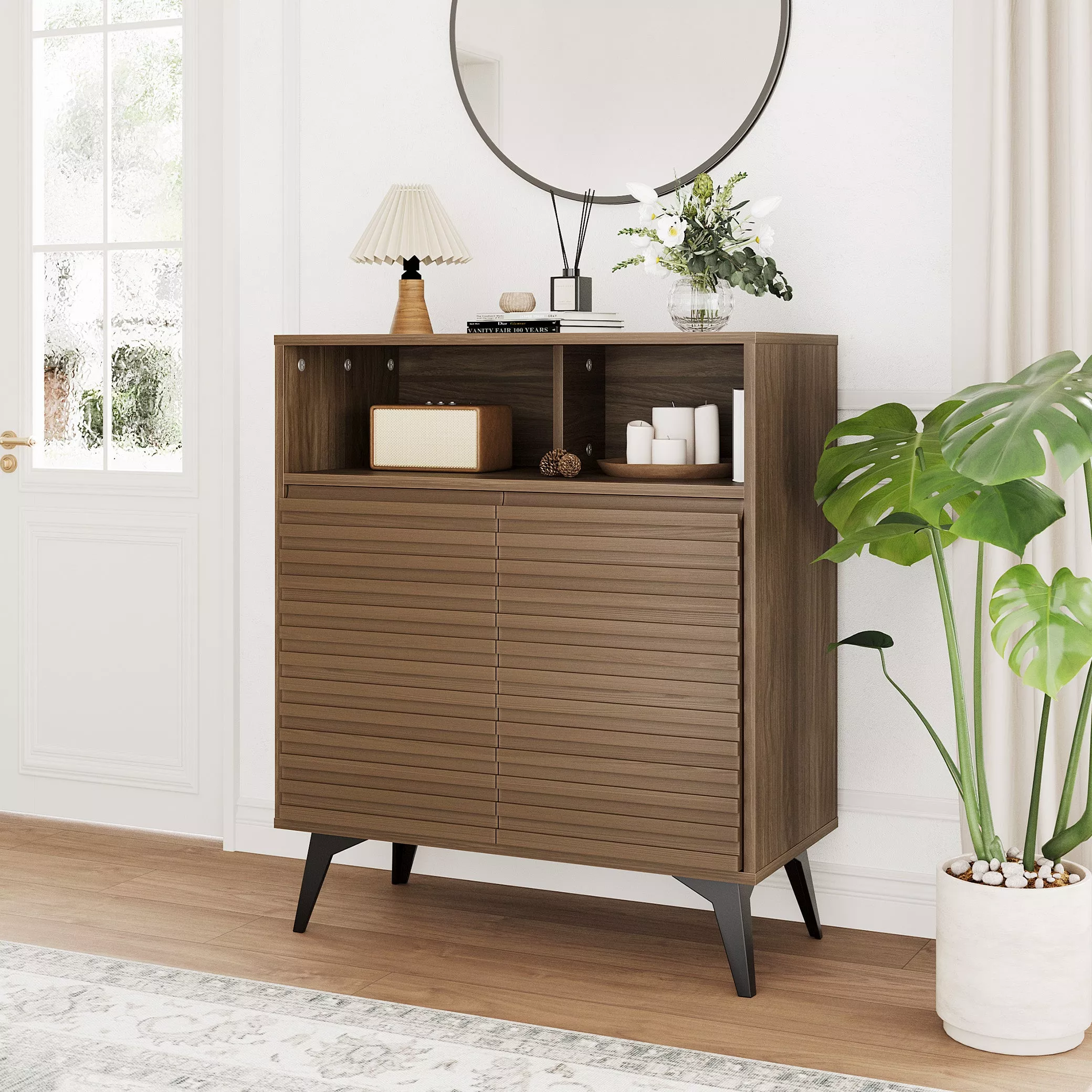 Fluted Storage Cabinet, Sideboard Buffet Cabinet with Storage,Modern Accent Cabinet with Adjustable Shelves for Living Room, Kitchen, Entryway, Nut-Brown Set of 2