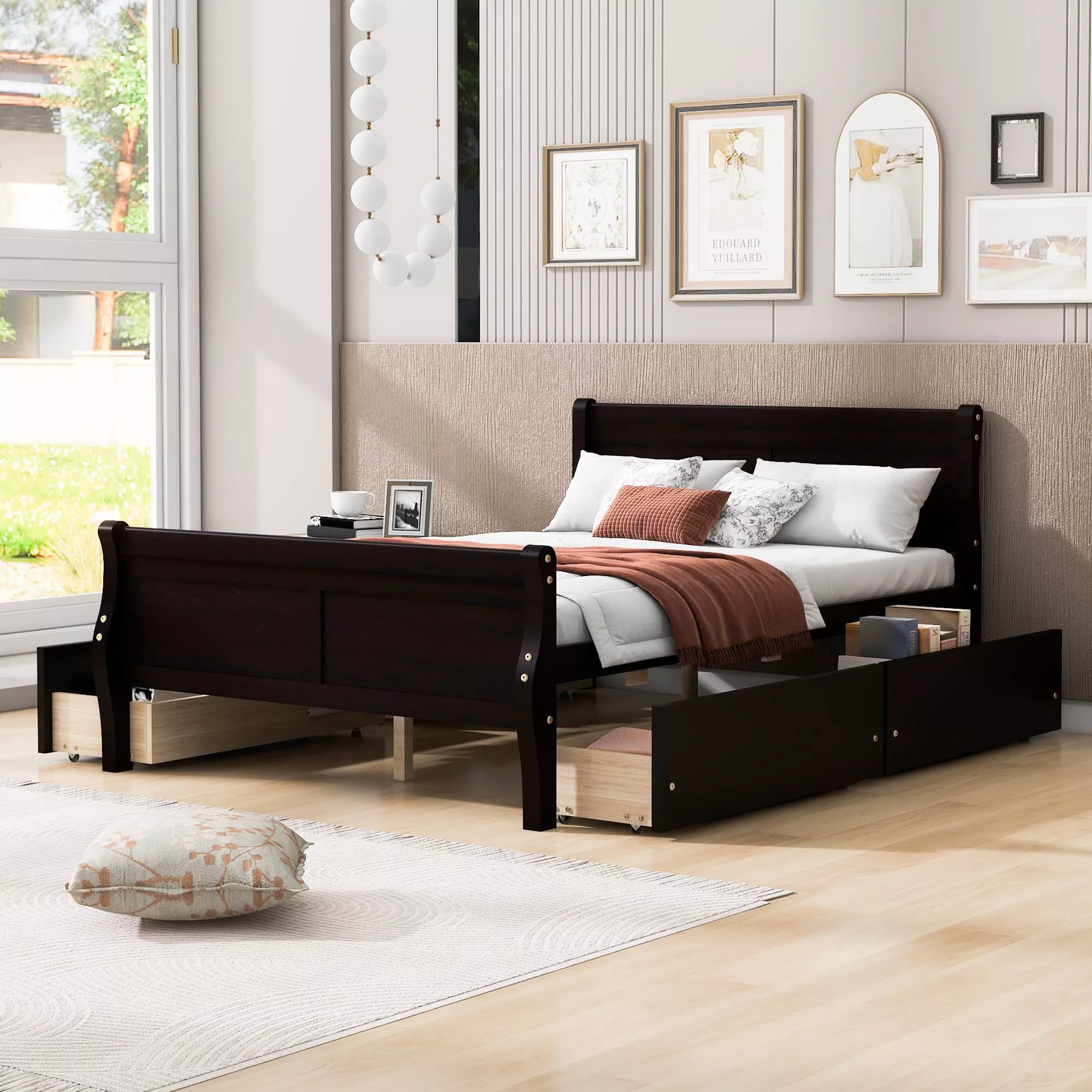 Full Size Wood Bed With 4 Built-In Storage Drawers Platform Bed For Kids Girls Boys Streamlined Headboard Espresso