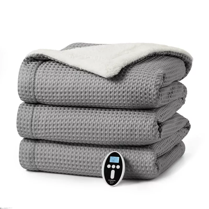 Heated Blanket Throw Queen, Waffle Electric Blanket with Wireless LCD Controller, Machine Washable, Fast Heating, 6 Heating Levels, ETL Certificated, Cozy for Home Use, 84″ 90″, White