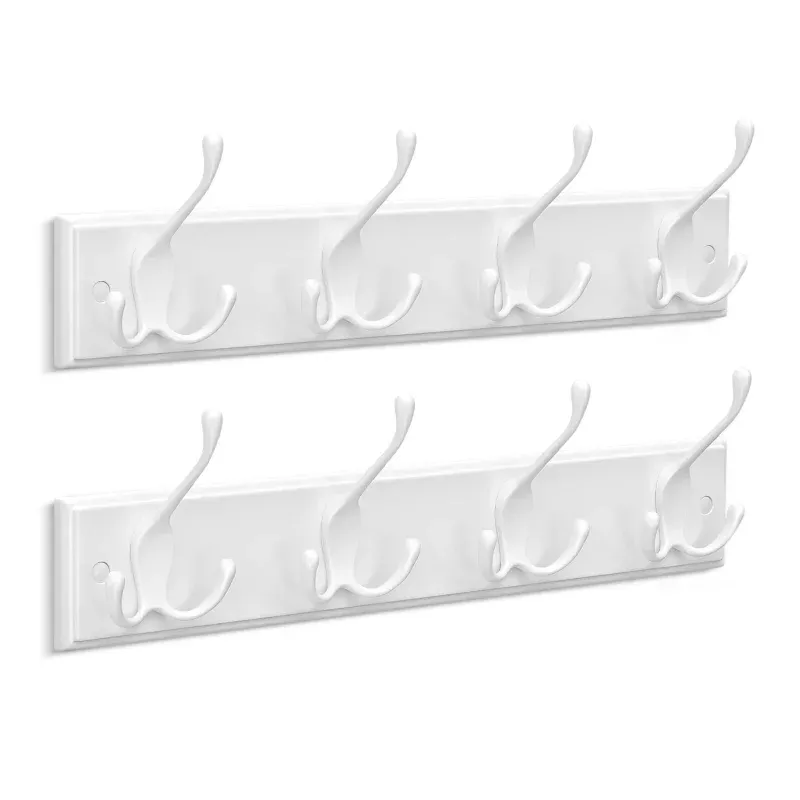 Heavy-Duty Wall Mounted Coat Rack, 2-Pack White Entryway Hook Rail – 4 Triple Metal Hooks Each (12 Total) – Space-Saving Organizer for Coats, Hats, Bags, Keys – Bedroom/Bathroom/Hallway