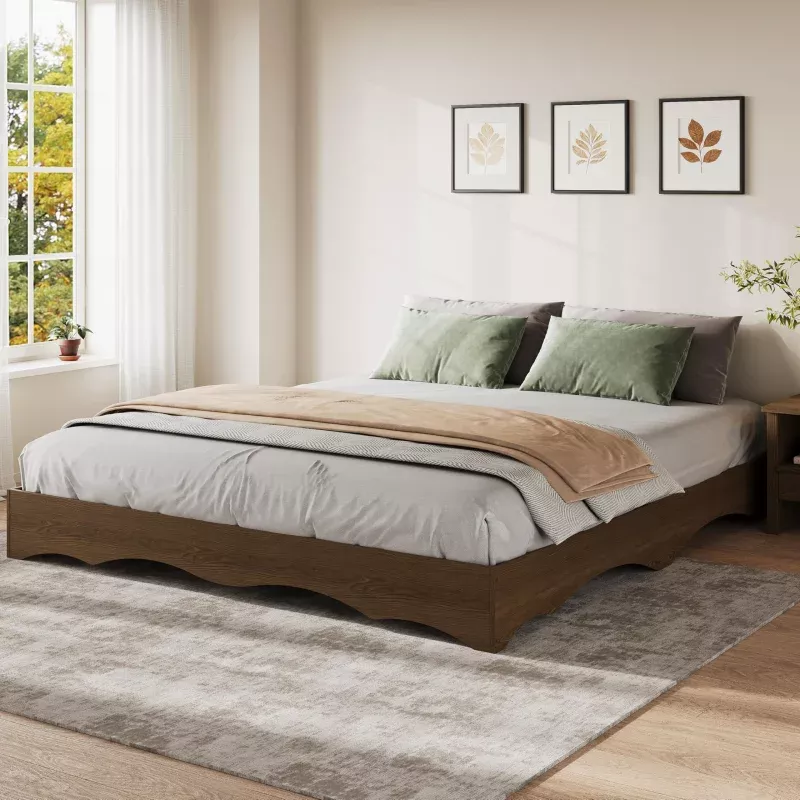 King Wood Platform Bed Frame Wave Edge Design Sturdy Slat SupportWood No Headboard Easy Assembly Modern Bedroom