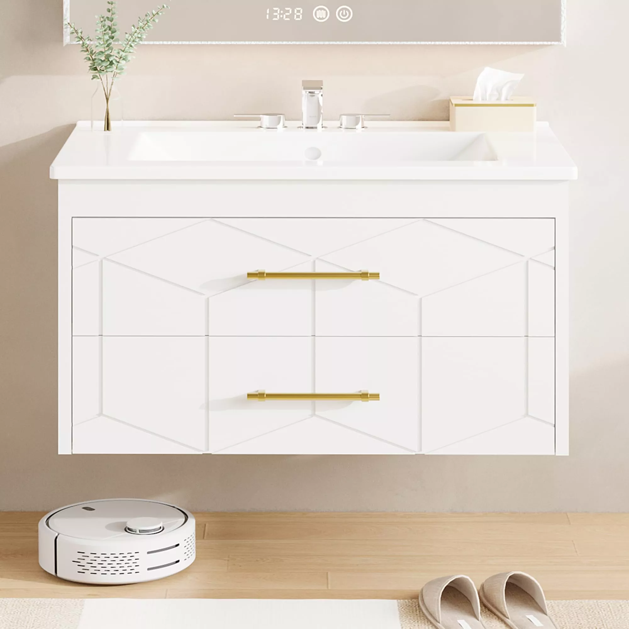Modern 30″ Floating Bathroom Vanity in Humidity-Resistant Design with Soft-Close Drawers and Gold Handles, White