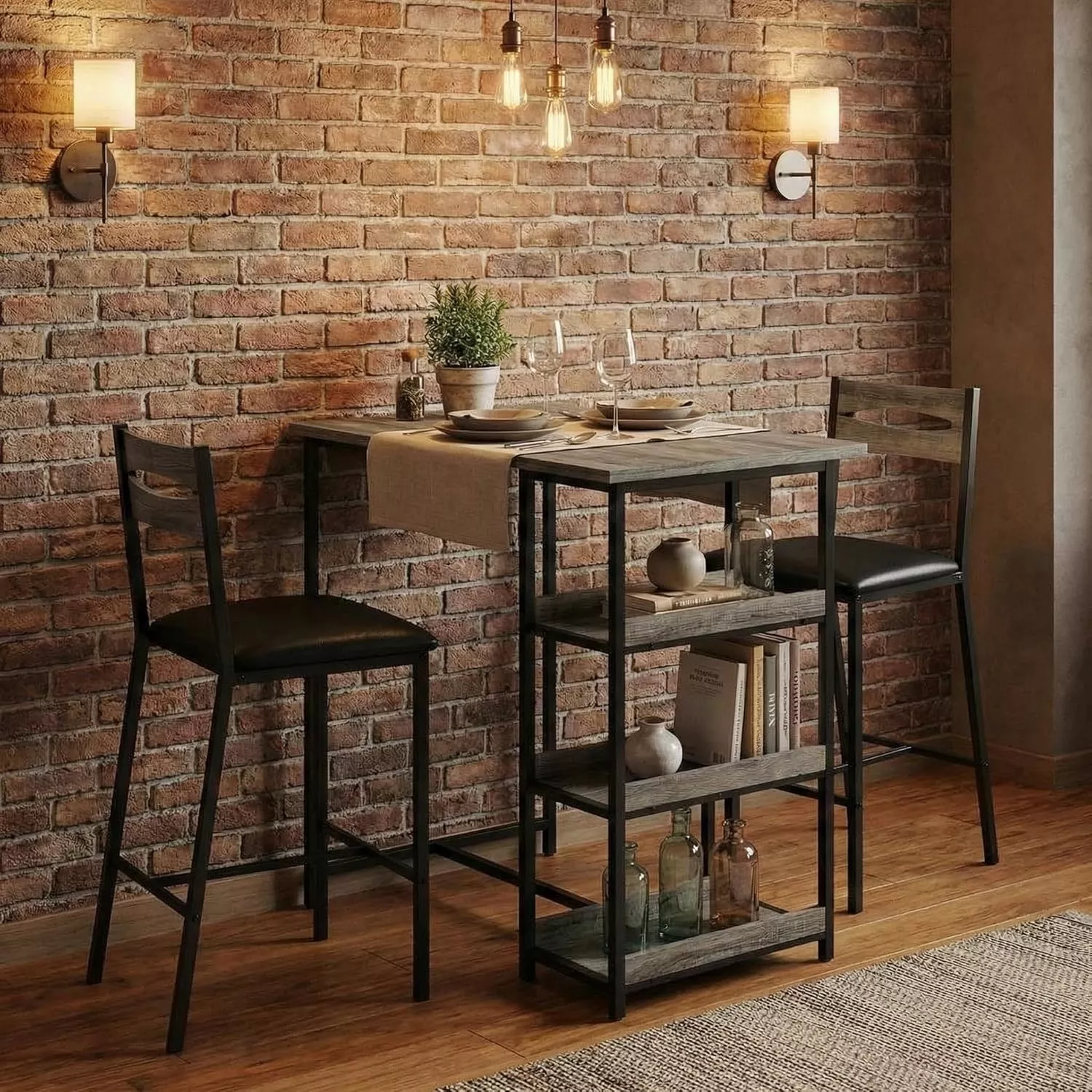 Modern Marble Finish Bar Table and Chairs Set with 2 PU Padded Stools, Flip Top Extension and Storage Shelves, for Small Kitchen and Apartment, Black