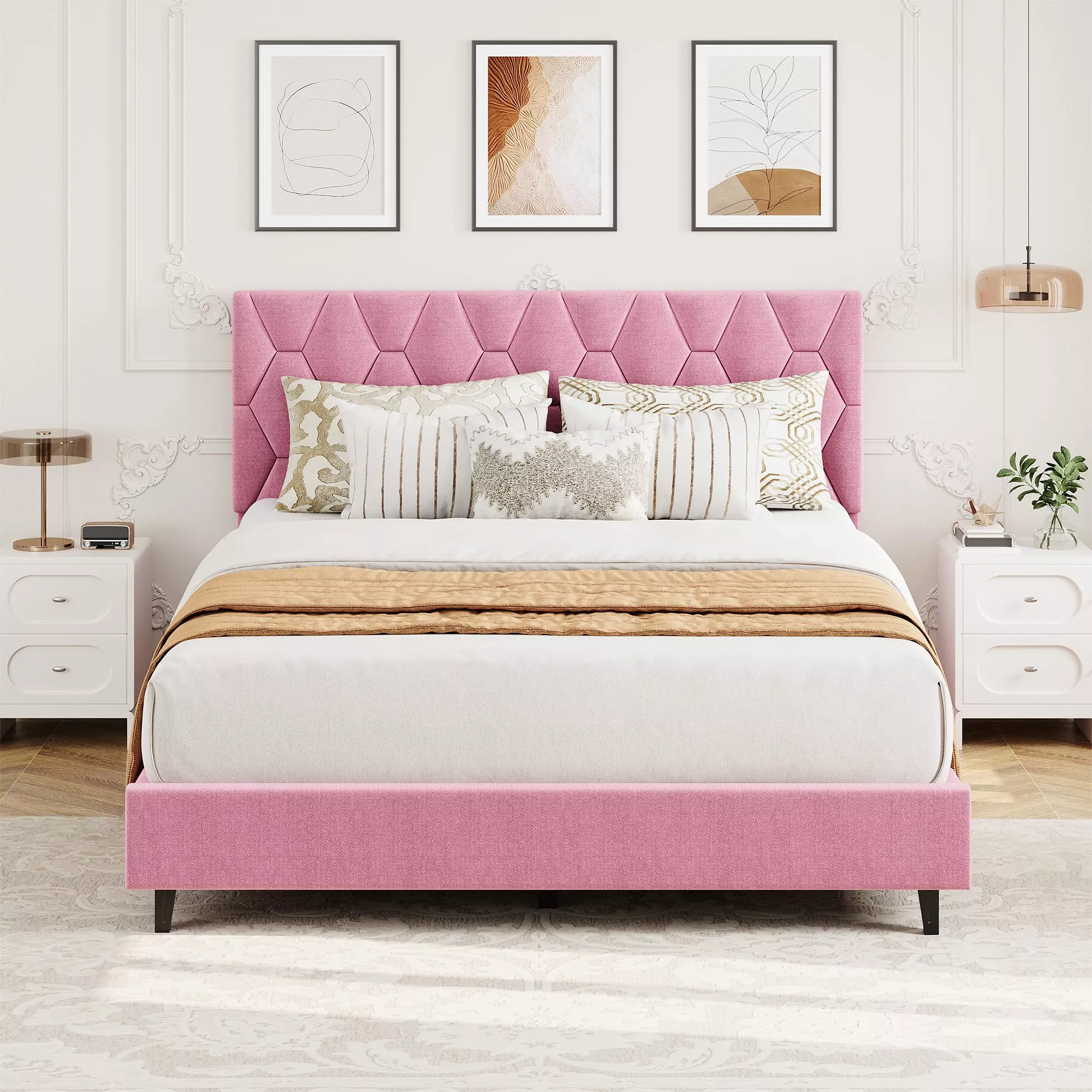 Pink Queen Bed Frame Upholstered Headboard Heavy-Duty Platform Bed No Box Spring Needed Beige