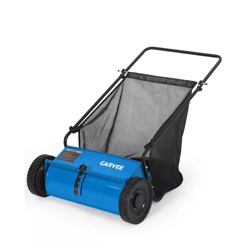 Push Lawn Sweeper, 21-Inch Manual Sweeper with 6 Cu Ft Cart, 3 V-Shaped Brushes and 5:1 Gear Ratio, Blue and Black