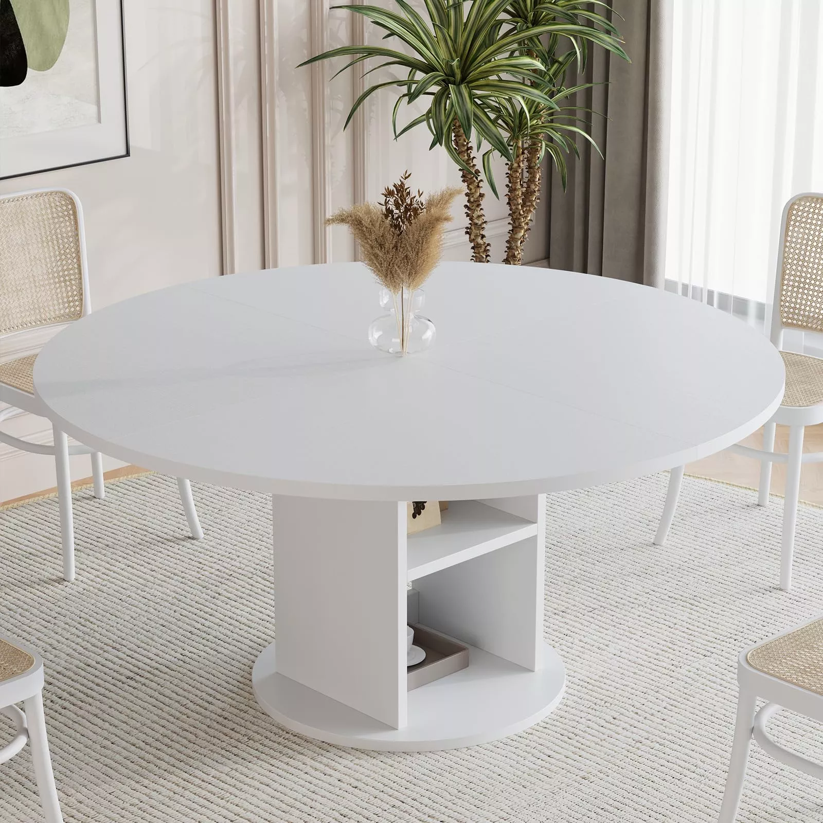 Round Dining Table 47.24″ for 4-6 People with 2-Layer Storage Shelf, MDF Wood Base, Modern Farmhouse Design, White, Kitchen & Living Room