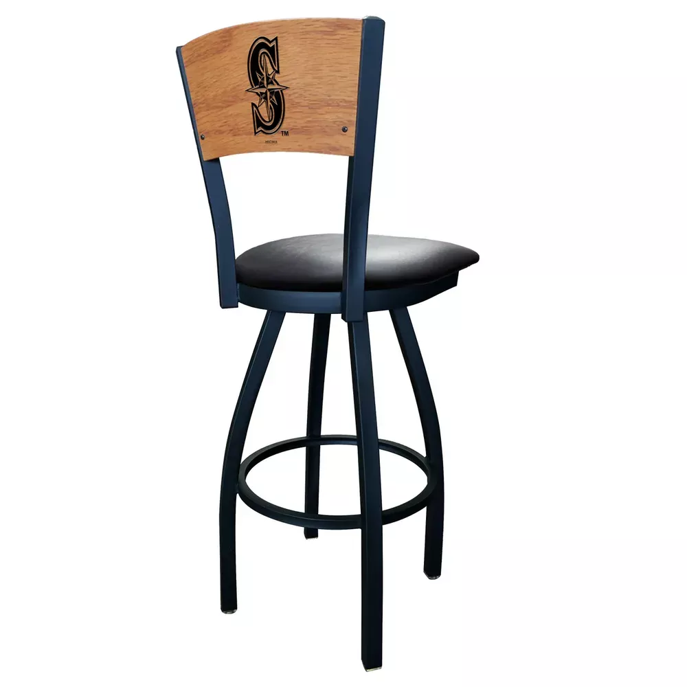 Seattle Mariners L038 Laser Engraved Wood Back Bar Stool w/ Black Vinyl Seat by Holland Bar Stool, Various Heights