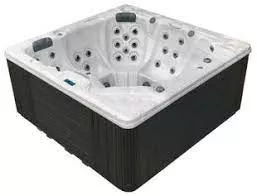 Shoreline Spas 82″ x 82″ x 39″ Bench Spa w/ Circulation Pump & Backlit Jets; Storm Clouds/Black