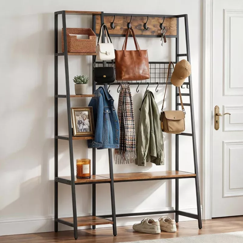 Space-Saving Industrial Hall Tree with Bench5-Tier Shelves11 Removable HooksEntryway Coat Rack with Shoe Storage OrganizerIdeal for Entryway or MudroomMatte Black + Vintage