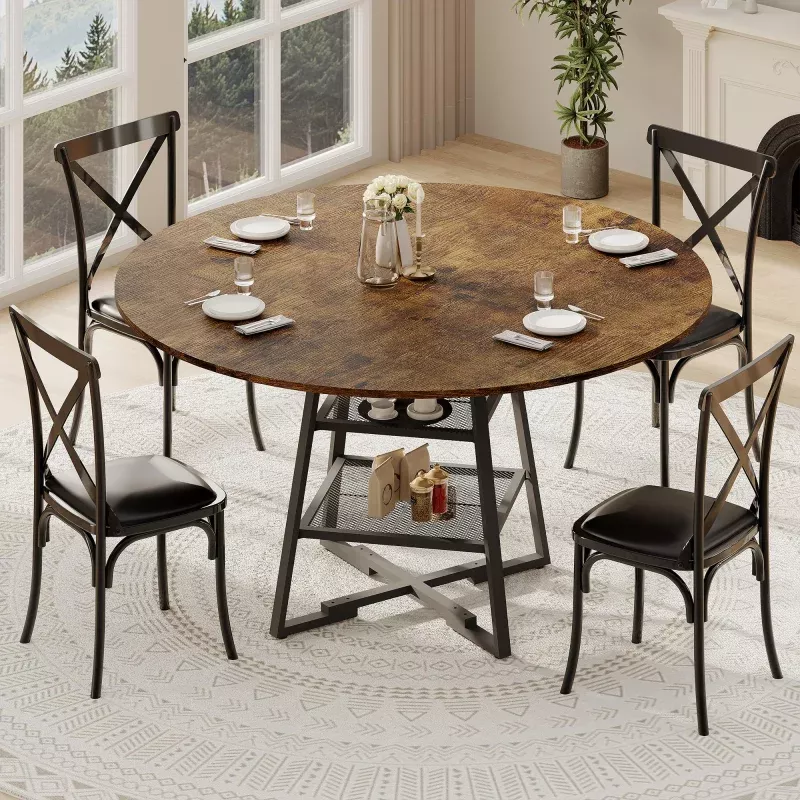 Space-Saving Round Dining Table for 4-6Rustic Wood Design with Storage ShelvesIdeal for Breakfast Nook, Kitchen, or Dining RoomVintage Color, 47 Inches