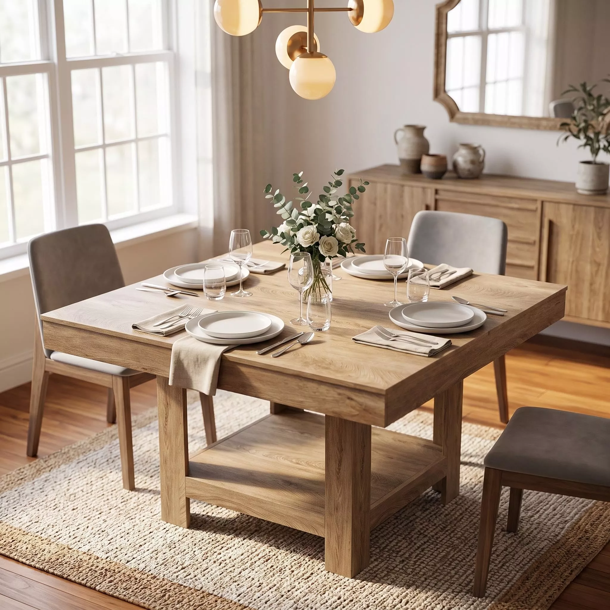 Space-Saving Square Dining Table for 4-62-Tier Storage Shelf, Sturdy Triangle Legs, Waterproof Surface, Durable MDF & PB Wood, Modern Dining Room Furniture for Kitchen or RestaurantAnnual Ring