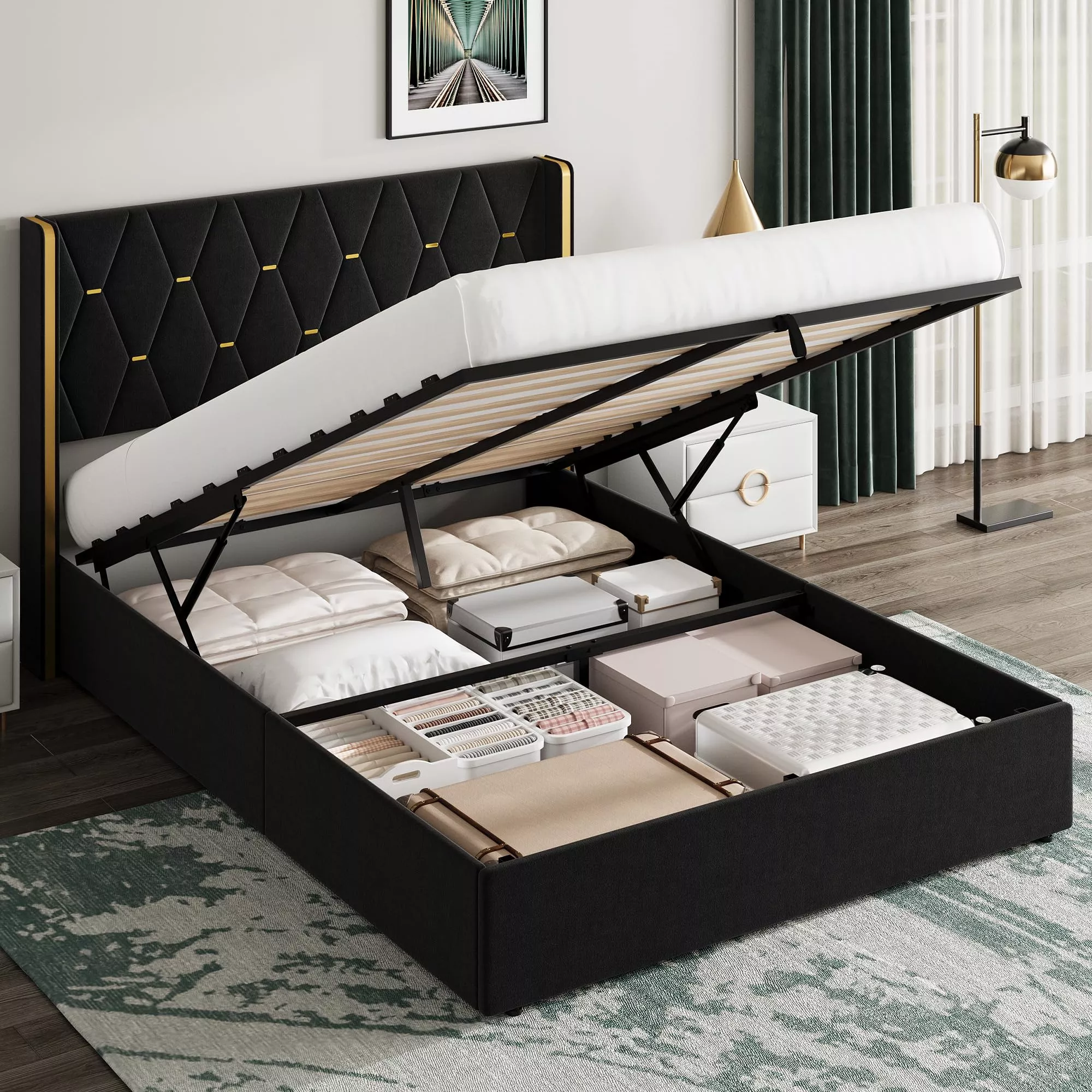 Storage Bed Queen with Upholstered Wingback Headboard, Modern Queen Size Hydraulic Bed Frame with Strong Wood Slats Support, No Box Spring Needed, Easy Assembly, Black