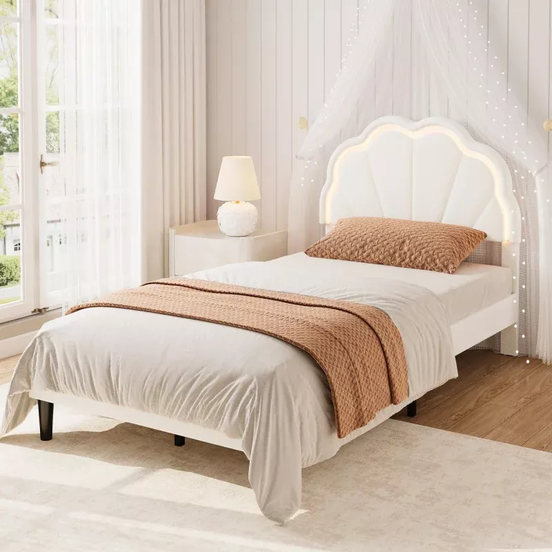 Sturdy Velvet Upholstered Platform Bed Frame – Adjustable Seashell Headboard – LED Lighting – Under Bed Storage – Twin Size, White