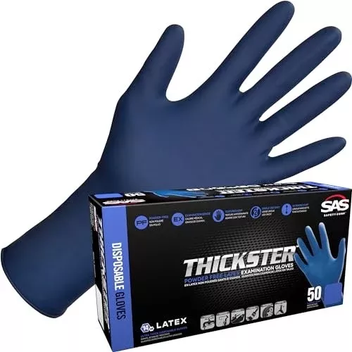 Thickster Powder-Free Exam Grade Latex Disposable Gloves. Blue, 14 mil Thickness, 12″ Length. Single Use. Pack of 50.
