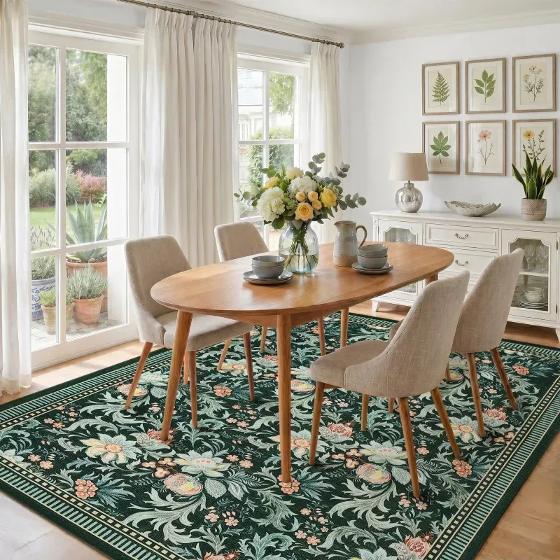 Washable Area Rug – Soft Velvet, Non-Slip Low Pile, Modern Floral Leaf Design, Compact Carpet for Living Room, Bedroom, Dining Room – Dark Green, 8x10ft