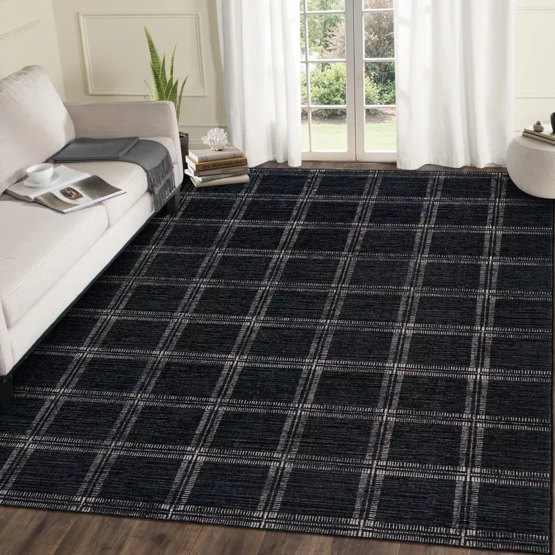 Washable Checkered 9×12 Area Rug, Soft Non Slip Geometric Plaid Carpet for Living Room Bedroom, Ultra Thin Low Pile Stain Resistant Black