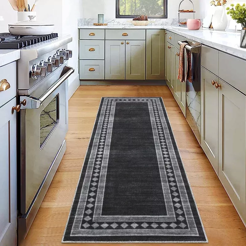 Washable Runner Rug 2×6 Modern Non Slip Kitchen Rug Soft Bath Mat Black
