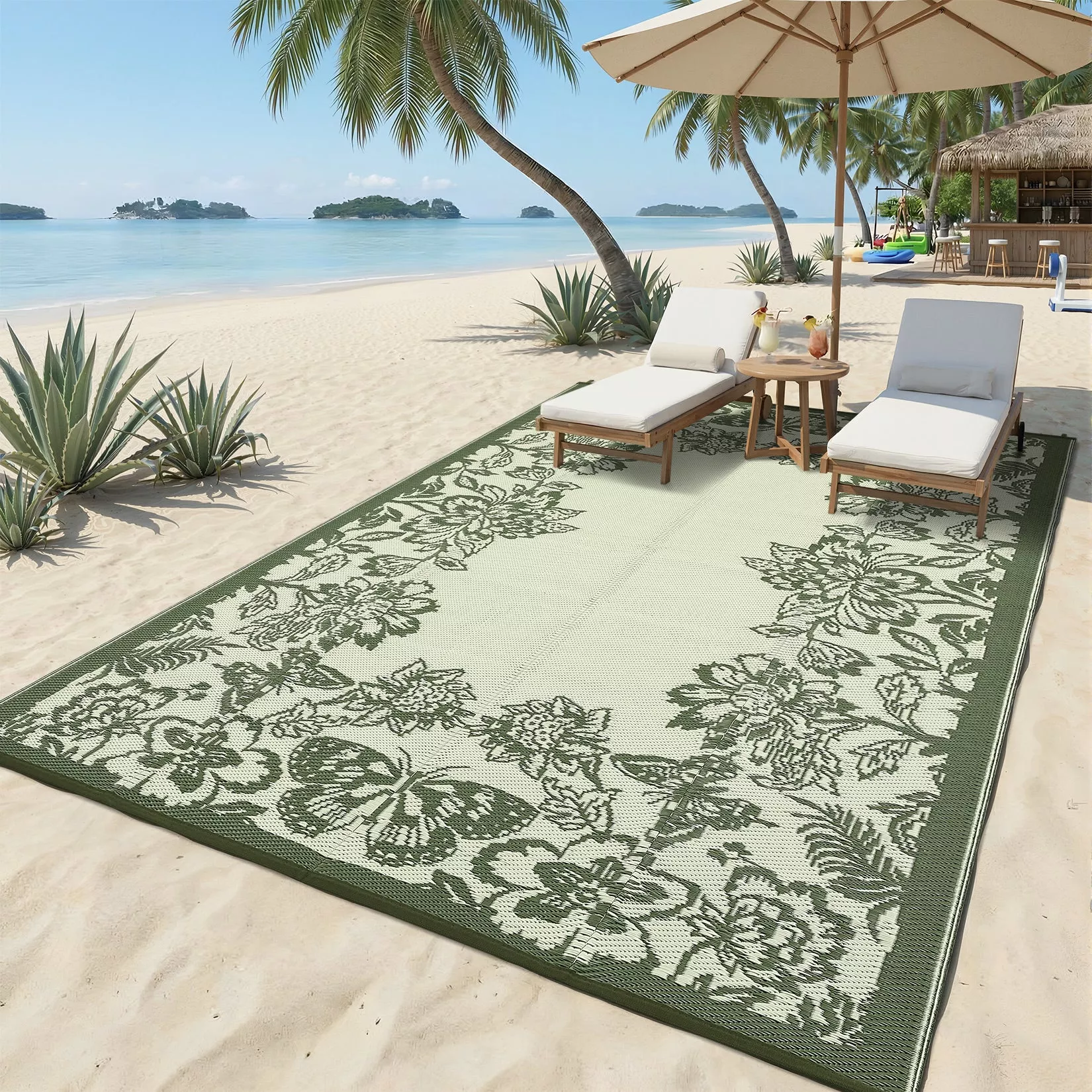 Waterproof Reversible Outdoor Rug 9x12ft – Large Plastic Straw Mat for Patio, Deck, Backyard, RV, Camping, Balcony – Easy-Clean, Non-Slip, Weather Resistant, Floral – Sage Green/Light Green